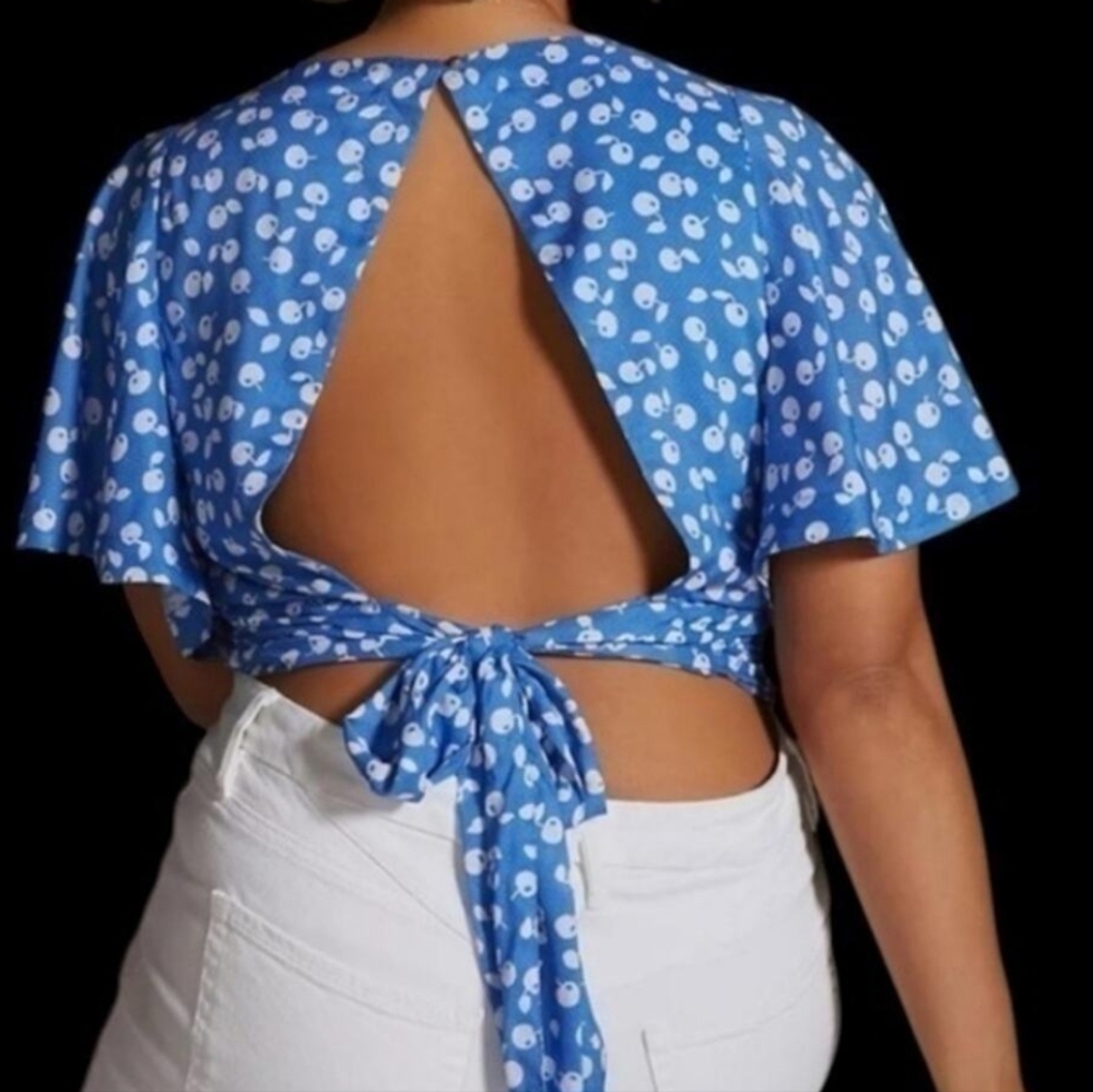 Anthropologie Maeve plus size 1X blue apple print open tie back spring top